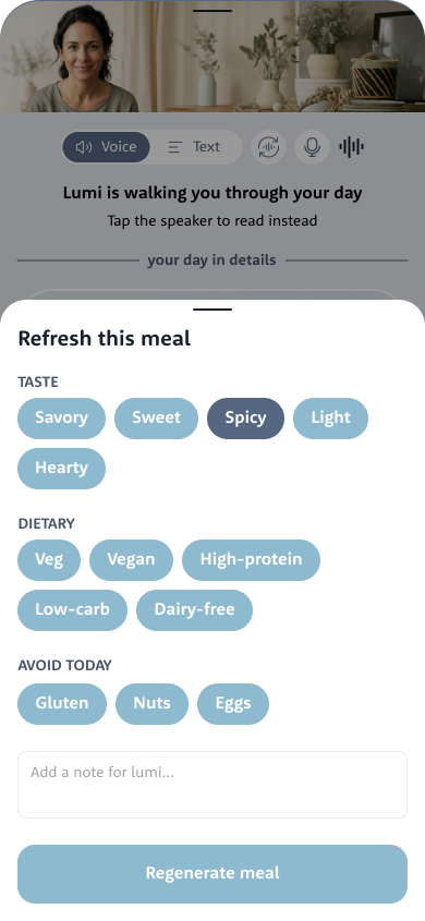 The Refresh this meal screen in the Lumi app with taste, dietary and avoid-today options and a note field for Lumi