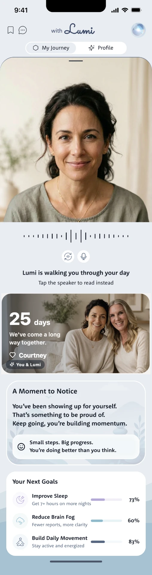 The My Journey screen in the Lumi app: 25 days together, Lumi walking you through your day, and the next goals ahead