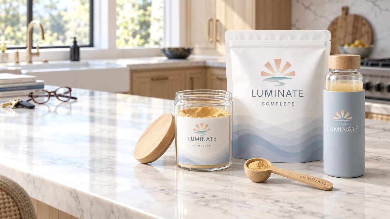 The Luminate Complete Welcome Kit — pouch, glass storage jar with bamboo lid, wooden scoop and blue-sleeved bottle on a sunlit kitchen counter