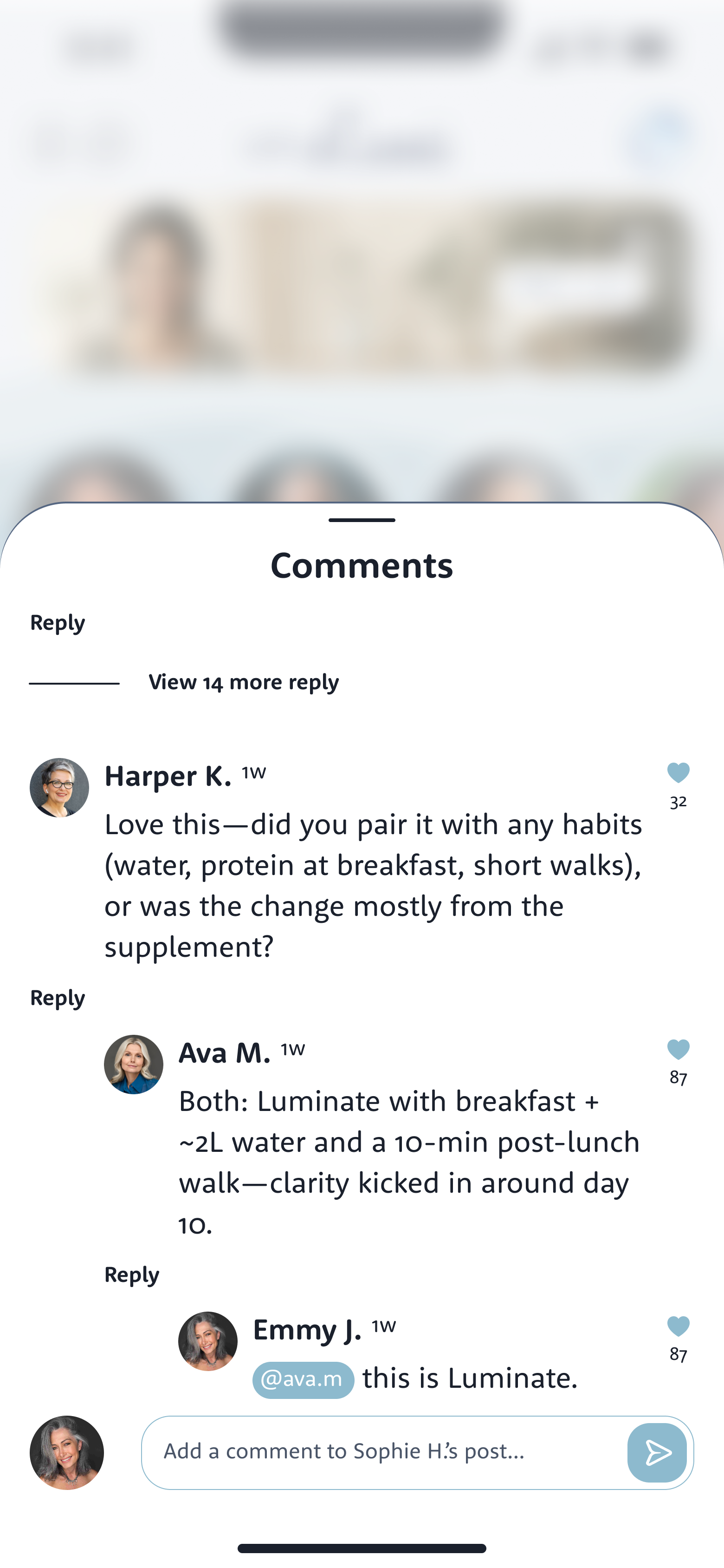 The comments on the post: replies from Harper K., Ava M. and Emmy J. sharing what has helped them